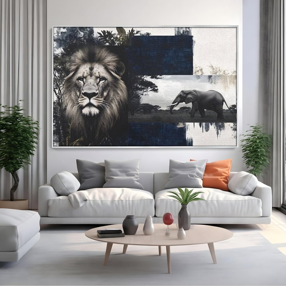 Tablou canvas cu tablou canvas cu leu si elefant, in rama de aluminiu argintiu, pe perete intr-un living